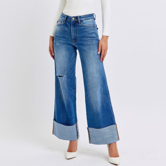 Judy Blue Denim - NEW Judy Blue Full Size Distressed High Waist Wide Leg Jeans